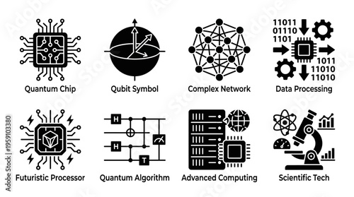 Quantum Computing & Advanced Tech Vector Icon Set – Scientific Vectors Featuring Quantum Chips, Qubits, Algorithms, Data Processing, Networks, Futuristic Processors, and Scientific Tools