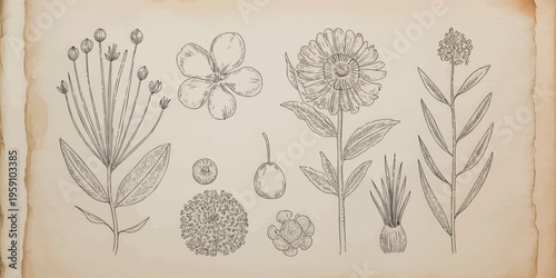 Vintage Floral Art on Aged Paper Texture Background