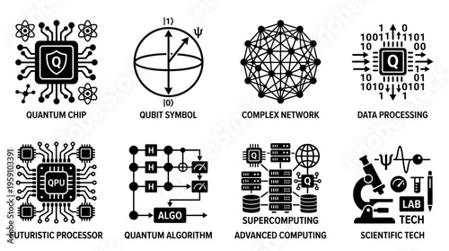 Quantum Computing & Advanced Tech Vector Icon Set – Scientific Vectors Featuring Quantum Chips, Qubits, Algorithms, Data Processing, Networks, Futuristic Processors, and Scientific Tools