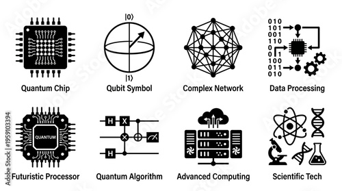 Quantum Computing & Advanced Tech Vector Icon Set – Scientific Vectors Featuring Quantum Chips, Qubits, Algorithms, Data Processing, Networks, Futuristic Processors, and Scientific Tools