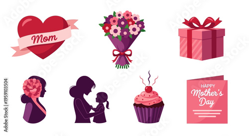 Mother's Day celebration graphics with heartfelt symbols and sweet treats for mom