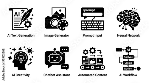 Artificial Intelligence & Generative Tech Vector Icon Set – Smart Vectors Featuring Neural Networks, Chatbots, Image Generators, Prompt Inputs, AI Creativity, and Automation Workflows