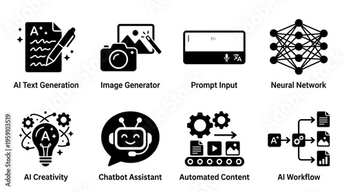 Artificial Intelligence & Generative Tech Vector Icon Set – Smart Vectors Featuring Neural Networks, Chatbots, Image Generators, Prompt Inputs, AI Creativity, and Automation Workflows
