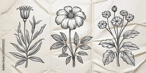 Faded Botanical Illustration on Creased Sketchbook Paper