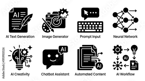 Artificial Intelligence & Generative Tech Vector Icon Set – Smart Vectors Featuring Neural Networks, Chatbots, Image Generators, Prompt Inputs, AI Creativity, and Automation Workflows