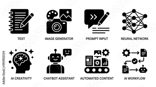 Artificial Intelligence & Generative Tech Vector Icon Set – Smart Vectors Featuring Neural Networks, Chatbots, Image Generators, Prompt Inputs, AI Creativity, and Automation Workflows
