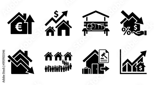 Housing Crisis & Real Estate Stress Vector Icon Set – Bold Vectors Featuring Rent Hikes, Eviction Notices, Homelessness, Mortgage Pressure, Property Decline, and Market Charts