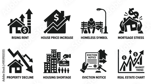 Housing Crisis & Real Estate Stress Vector Icon Set – Bold Vectors Featuring Rent Hikes, Eviction Notices, Homelessness, Mortgage Pressure, Property Decline, and Market Charts