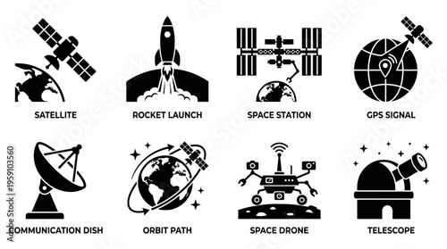Space Exploration & Astronomy Vector Icon Set – Cosmic Vectors Featuring Satellites, Rockets, Space Stations, Telescopes, Rovers, Orbits, Antennas, and Planet Earth