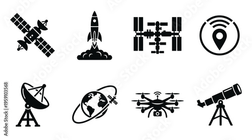 Space Exploration & Astronomy Vector Icon Set – Cosmic Vectors Featuring Satellites, Rockets, Space Stations, Telescopes, Rovers, Orbits, Antennas, and Planet Earth