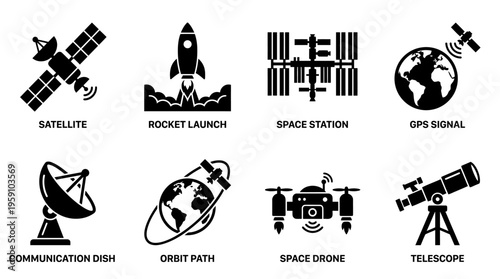 Space Exploration & Astronomy Vector Icon Set – Cosmic Vectors Featuring Satellites, Rockets, Space Stations, Telescopes, Rovers, Orbits, Antennas, and Planet Earth