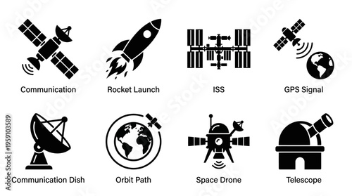 Space Exploration & Astronomy Vector Icon Set – Cosmic Vectors Featuring Satellites, Rockets, Space Stations, Telescopes, Rovers, Orbits, Antennas, and Planet Earth