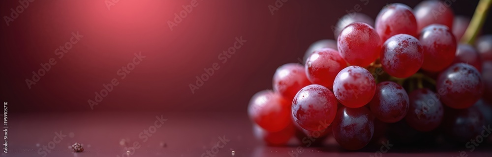 Naklejka premium Close up of ripe crimson grapes on dark red backdrop. Juicy fruit cluster offers sweet flavor and healthy benefits. Perfect for autumn harvest and wine themes.