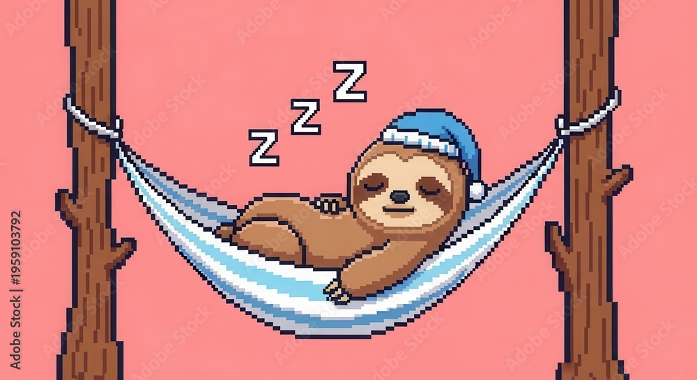 Fototapeta premium Cute pixelated mammal rests comfortably in a fabric swing tied between two wooden trunks