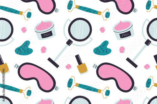 Skin care seamless pattern with sleep mask, cream, mirror, scraper, malachite roller, serum and cosmetics. Beauty routine and self care flat cartoon vector illustration