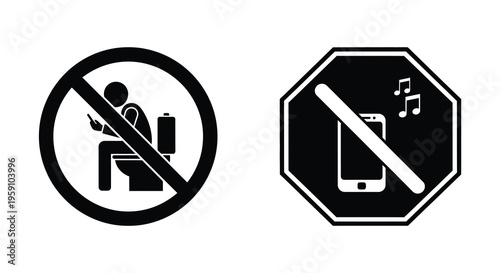 Prohibited mobile phone use signs various restrictions illustrated in black and red
