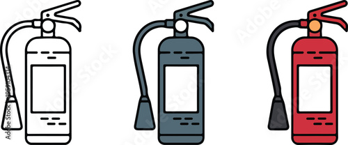 Professional fire truck emergency vehicle icon set featuring fire engine designs in minimalist line art and flat vector styles