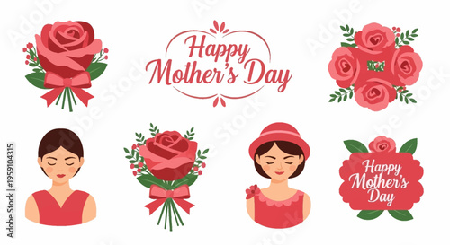 Happy Mother's Day greeting cards with roses and smiling women illustrations