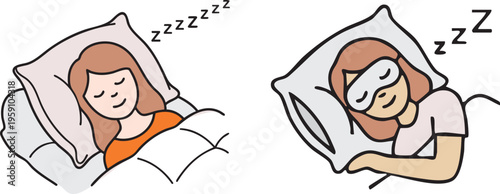 Set of Minimalist Woman Sleeping on Pillow and Wearing Eye Mask for Deep Sleep Relaxation and Healthy Bedtime Routine