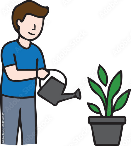 Minimalist Young Man Watering Green Potted Houseplant with Watering Can for Gardening Hobby Growth and Sustainability Concept