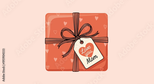 Beautifully wrapped gift with a love message for mom on a soft background
