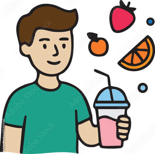 Young Man Holding a Fresh Fruit Smoothie Cup in Minimalist Flat Vector Style, Healthy Lifestyle and Organic Beverage Illustration with Strawberries and Oranges