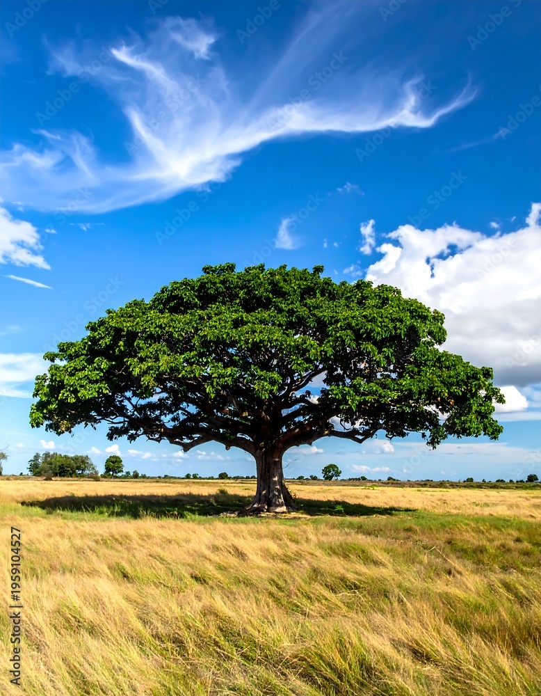 Fototapeta premium Lone Tree Standing Tall in a Golden Field Under a Blue Sky.