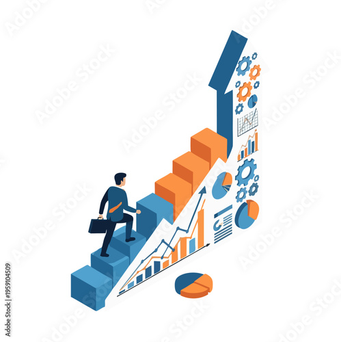 Wallpaper Mural Businessman climbing stairs of growth chart with data visualization. Torontodigital.ca