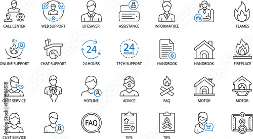 Customer support and service icons set with call center, hotline, FAQ, 24 hours assistance and help desk symbols outline vector illustration collection