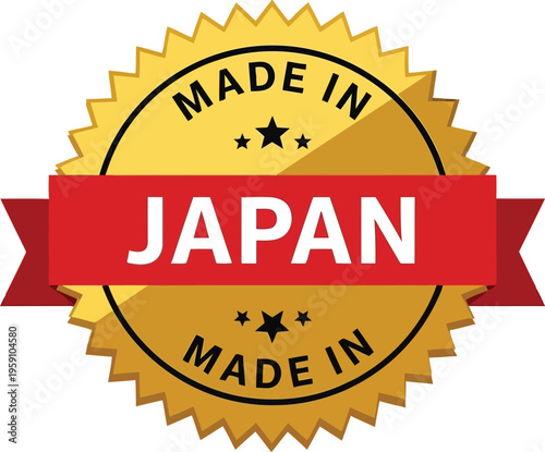 Golden Made In Japan Badge Label Design With Red Ribbon Isolated On White Background Vector