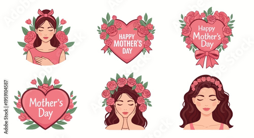 Mother's Day illustrations with hearts flowers and happy women celebrating
