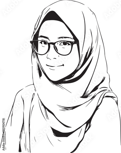 Hand Drawn Woman Wearing Hijab Black and White Avatar Illustration in Minimal Solid Art Style Design