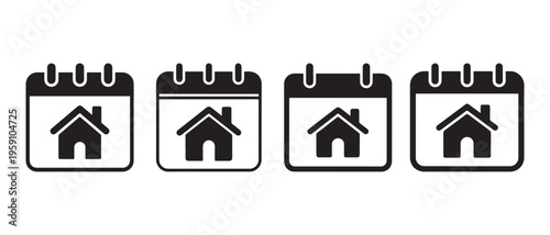 Four calendar icons with house symbols inside representing real estate scheduling or moving dates.