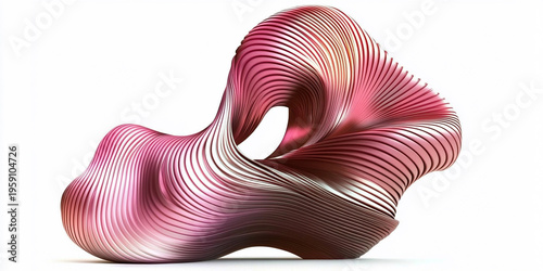 Abstract 3D Organic Fluid Sculpture with Metallic Pink Ribbed Texture, Futuristic Parametric Design Isolated on White Background