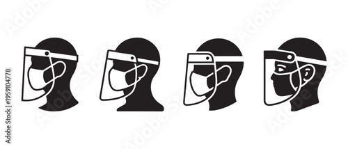 Black Silhouettes of Heads Wearing Face Masks and Face Shields for Pandemic Protection Icon Set on White Background.