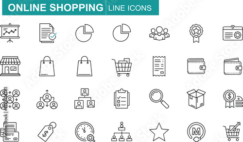 Online shopping line icons set with store, cart, payment, analytics and ecommerce symbols vector illustration collection