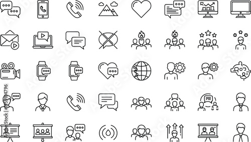 Communication and social interaction icons set with chat, phone, teamwork, media and network symbols outline vector illustration collection