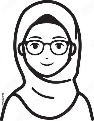 Hand Drawn Woman Wearing Hijab Black and White Avatar Illustration in Minimal Solid Art Style Design