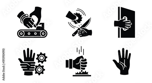 Industrial safety icons depicting hand injuries and workplace hazards