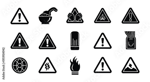 Collection of safety icons including warning signs and protective headgear
