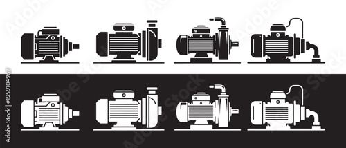 Collection of electric water pump icons in black and white styles for industrial and domestic use.