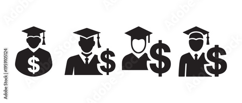 Academic Finance Icons. Graduation Caps with Dollar Signs Representing Student Debt, Tuition Costs, and Education Funding.