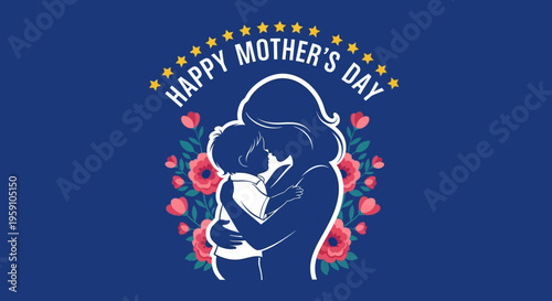 Mother's Day illustration of a mother and child embracing surrounded by flowers