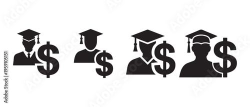 Academic Finance Icons. Graduation Caps with Dollar Signs Representing Student Debt, Tuition Costs, and Education Funding.