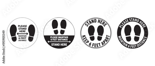 Collection of Social Distancing Floor Decals with Footprints and Text for Public Health Safety Measures.