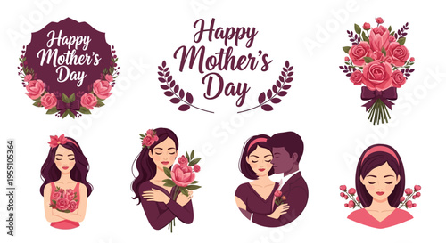 Mother's Day graphics with flowers and happy women celebrating love and appreciation