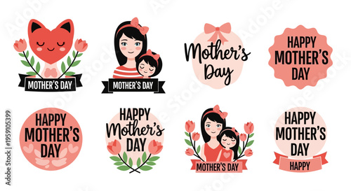 Mother's Day stickers with cute cartoon designs and lovely messages