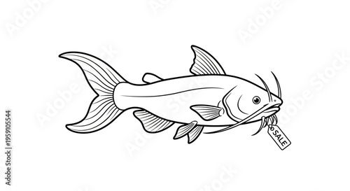 Catfish with Sale Tag in Mouth - Black and White Illustration