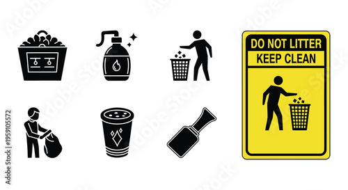Icons depicting waste disposal cleaning and a do not litter sign