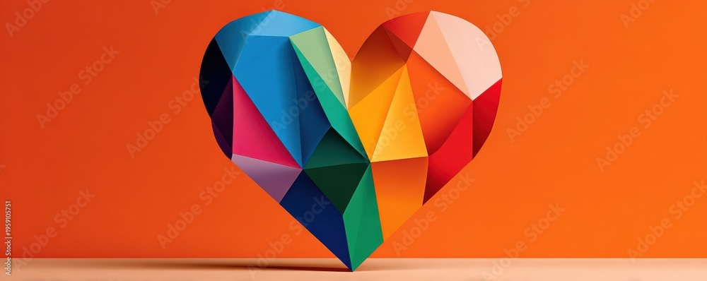 Fototapeta premium Colorful low-poly heart with LGBTQ pride colors on vibrant orange background celebrating love and diversity